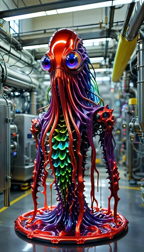 No one is there ,  Reality Photography,  Reality Photography, Realistic pictures of colorful slime-shaped monster-like creatures, Cutting Edge, multicolor glints, Strange , Surreal, Another World,  Robot Factory with Shiny Assembly Plants,  intricate detai...