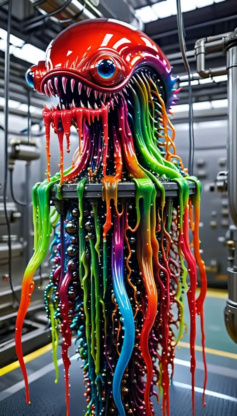 No one is there ,  Reality Photography,  Reality Photography, Realistic pictures of colorful slime-shaped monster-like creatures, Cutting Edge, multicolor glints, Strange , Surreal, Another World,  Robot Factory with Shiny Assembly Plants,  intricate detai...