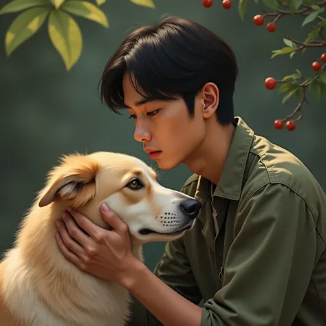 Vietnamese boy ,  30 years old ,  High nose bridge ,  is stroking a dog 