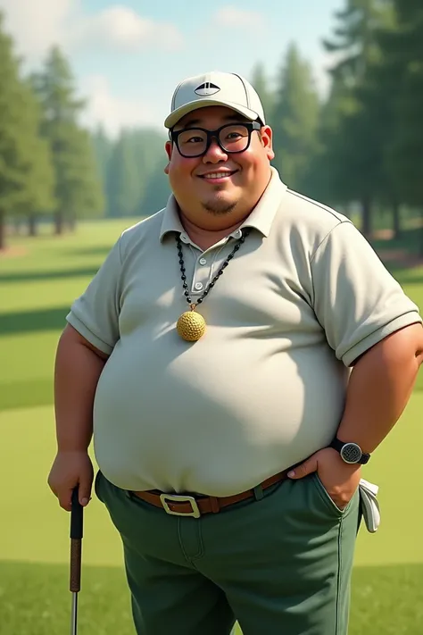  wearing a necklace with a tightly embedded golf ball.
 wearing golfwear at the golf course, , Asian chubby man carrying a golf club, ,  wearing black horn-rimmed glasses and smiling .