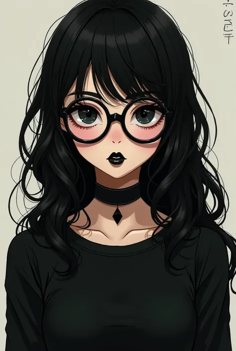 Ugly girl anime light brown skin, Blackhaired wavy long , black long sleeve shirt, glued black necklace,  black eyes,  big lips , black glasses, fea