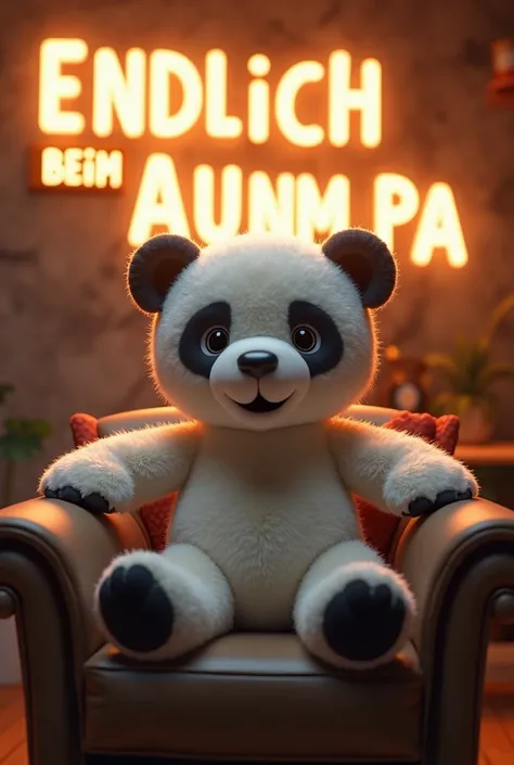 A white black panther bear plush toy sitting on a chair in a living room next to him stands in a glowing S in glowing 3 D letters 
E N D L I C H B E I M A U N D P A