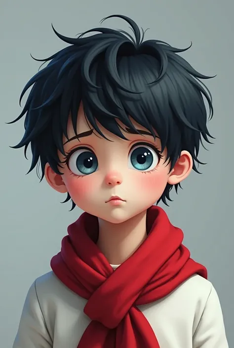 A young boy with naturally messy black hair and large, sad blue eyes. He is wearing a white shirt and a red scarf tied around his neck, resembling a schoolboy. The background is a light gray, with soft lighting that highlights his innocent and quiet demean...