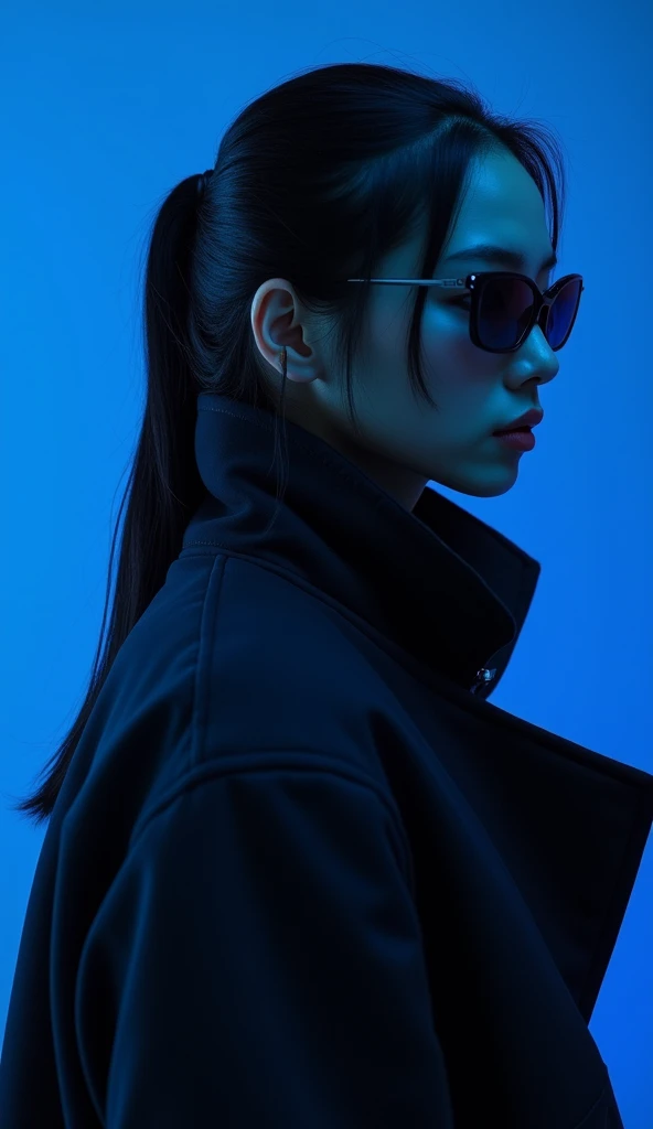 
A striking, realistic portrait of a young man with sleek, shoulder-length jet-black hair tied into a loose, low ponytail. His sunglasses have a reflective, metallic finish, and he is dressed in a high-collared, dark navy trench coat with sharp, tailored l...