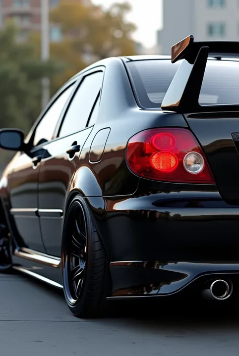 A black Toyota corolla 2004 with black rims and red brake calipers 