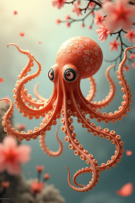 Image of an animated octopus with bones and Japanese details 