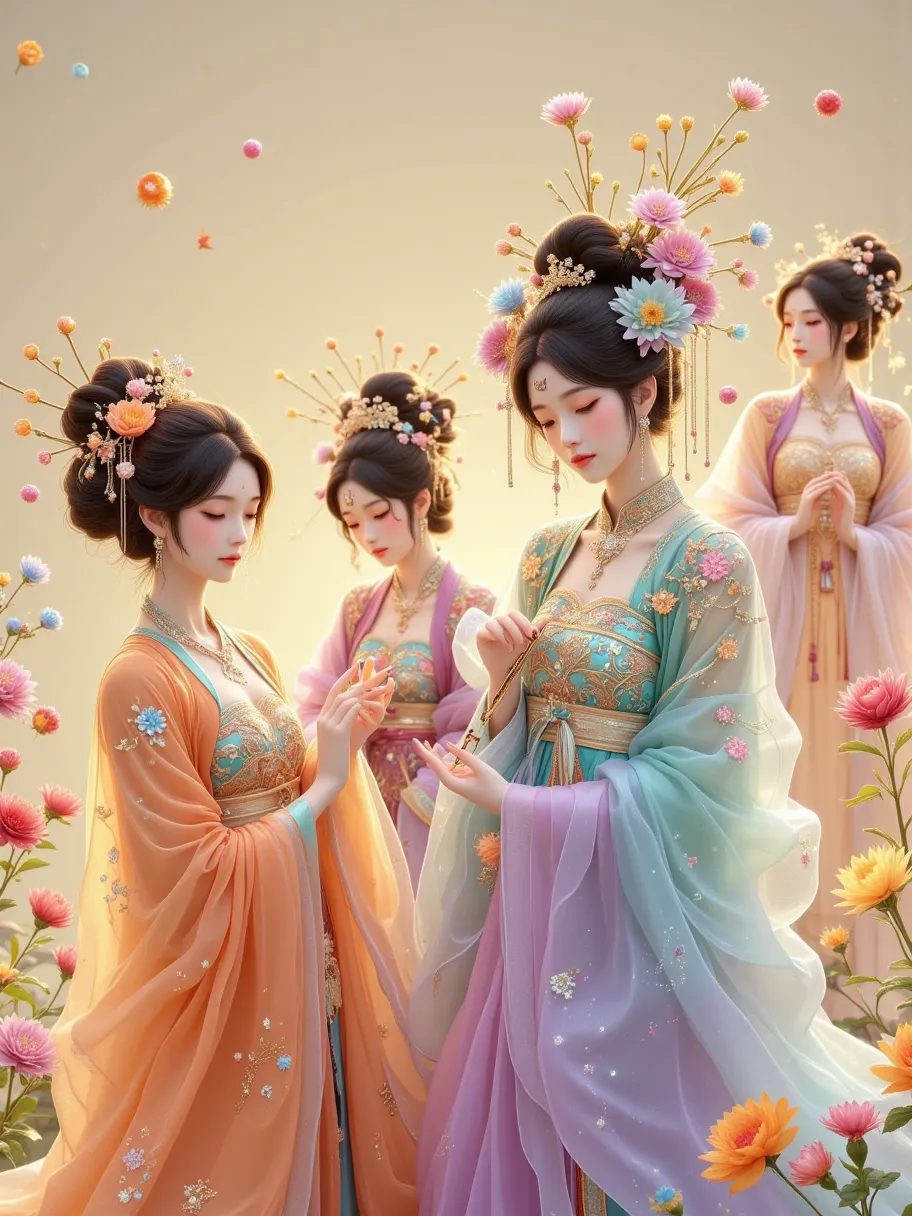 in this painting full of classical charm and modern interest，we saw four q-version girls of tang dynasty ladies，they are present...