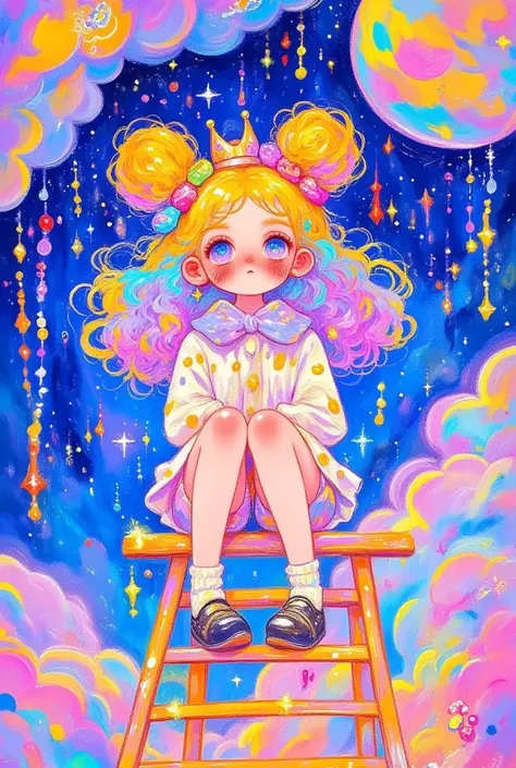  painting of a girl sitting on a ladder, Lovely art style,   decora inspired illustration  , Cosmic Girl, 梦幻迷幻动漫, Beeple和Jeremiah Ketner, colorful dreams ,  cute detailed digital art ,  brightly colored illustrations , Girl in Space, Colorfull illustration...