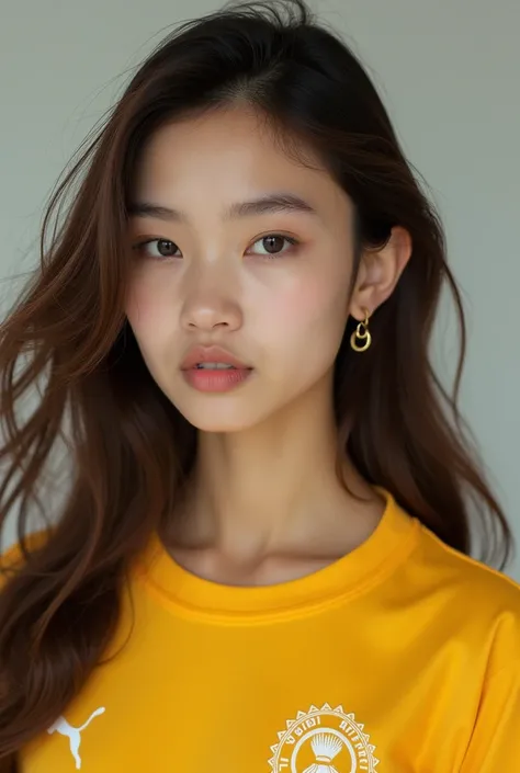 This person is a woman 。 has long brown hair 。 wears yellow sportswear from a Thai student。 and my eyes arent very strong。My face is long but 、Its beautiful 。The eyes are small。The mouth is also small。Im wearing small round earrings。