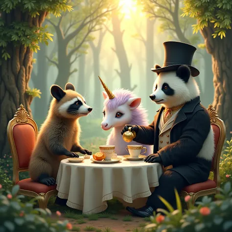 A photo of a magical forest where a cute little raccoon and a cute purple unicorn are sitting at a set table, and a panda dressed in a frock coat and a top hat is pouring coffee for them. morning dawn, sunrise