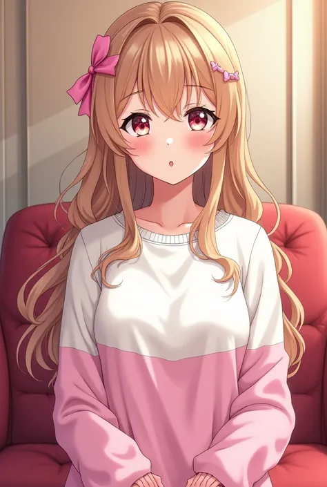 Hermosa  anime girl image joven adulta de 17 años,  light brown hair color , almost blond,  long wavy hair,  white sweatshirt mixed with pink,  a pink ribbon in the hair ,  blue eyes, slim, curvilinear, sophisticated, happy,  anime girl image,  anime girl ...