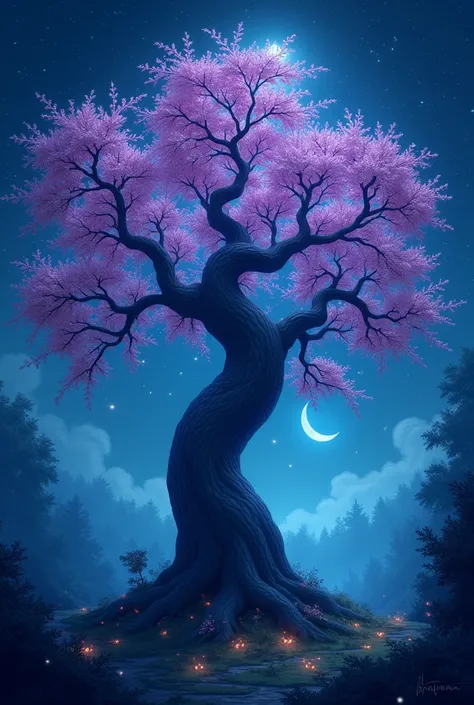 Describe the Night Blossom Tree before and after it bloomed. Cartoon image as real
