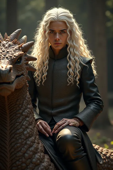 intricate highly detailed portrait of a handsome aesthetic targaryen prince, long curly platinum blonde hair, sitting upon a large brown dread targaryen dragon, hyperrealistic, octane render, cinematic lighting, dramatic lighting, award winning digital art...