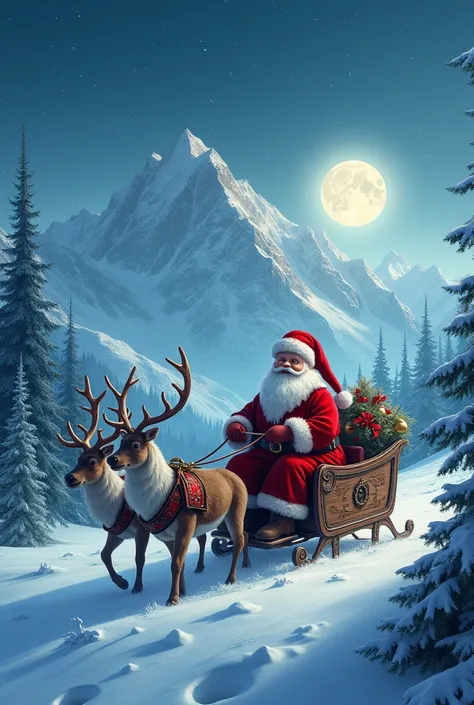 Santa Claus sitting on raindeer cart and mountain and moon and snow and stars shining in sky and alpine trees