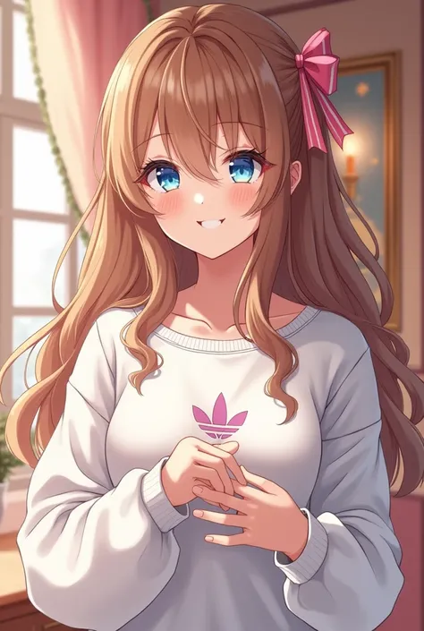 Hermosa  anime girl image joven adulta de 17 años, brown hair almost blonde ,  with long wavy hair ,  white sweatshirt and a pink ribbon in her hair,  blue eyes, slim, curvilinear, sophisticated, happy,  anime girl image,  anime girl image realista,  in th...