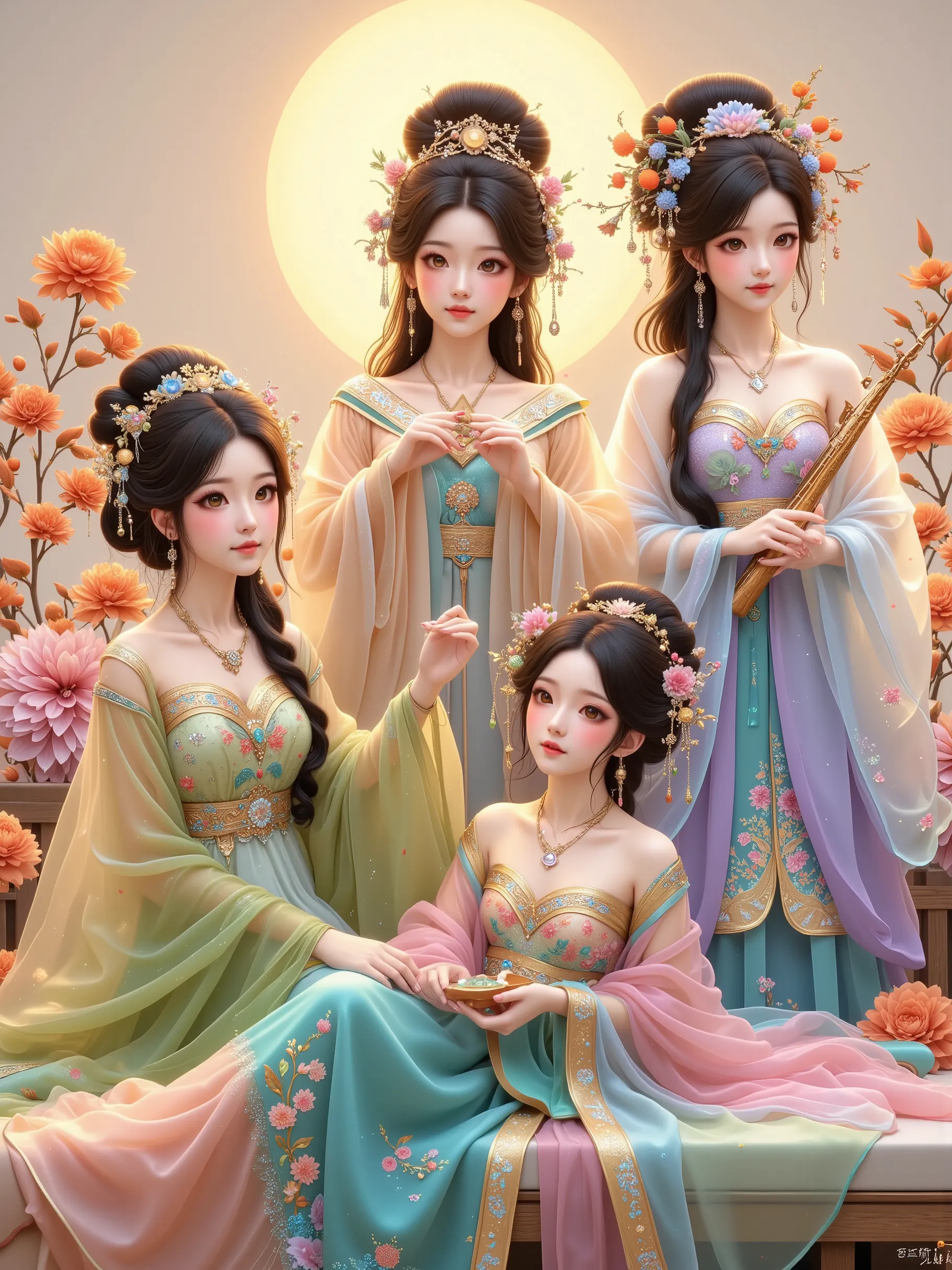 in this painting full of classical charm and modern interest，we saw four q-version girls of tang dynasty ladies，they are present...