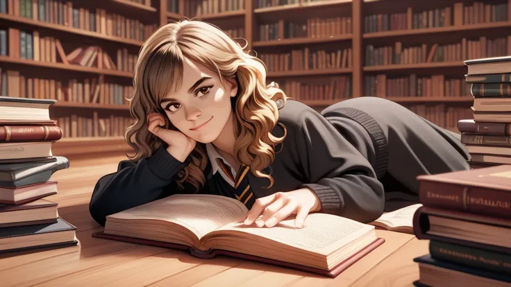 ((one  person)), (adult woman), ((Hermione Granger)), (light brown hair), (curls), brown eyes, sexy, ((Books, library)) , seductive smile, posing, ((anatomical correct), ((sexy dessous, black and dark green))