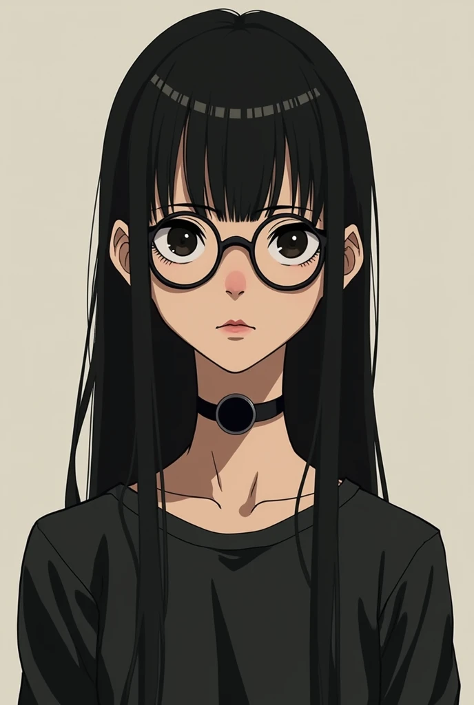  Ugly girl anime light brown skin glued black necklace,  long black hair ,  black eyes, slim, glasses,  big lips, long face like inverted heart type , black long sleeve shirt
