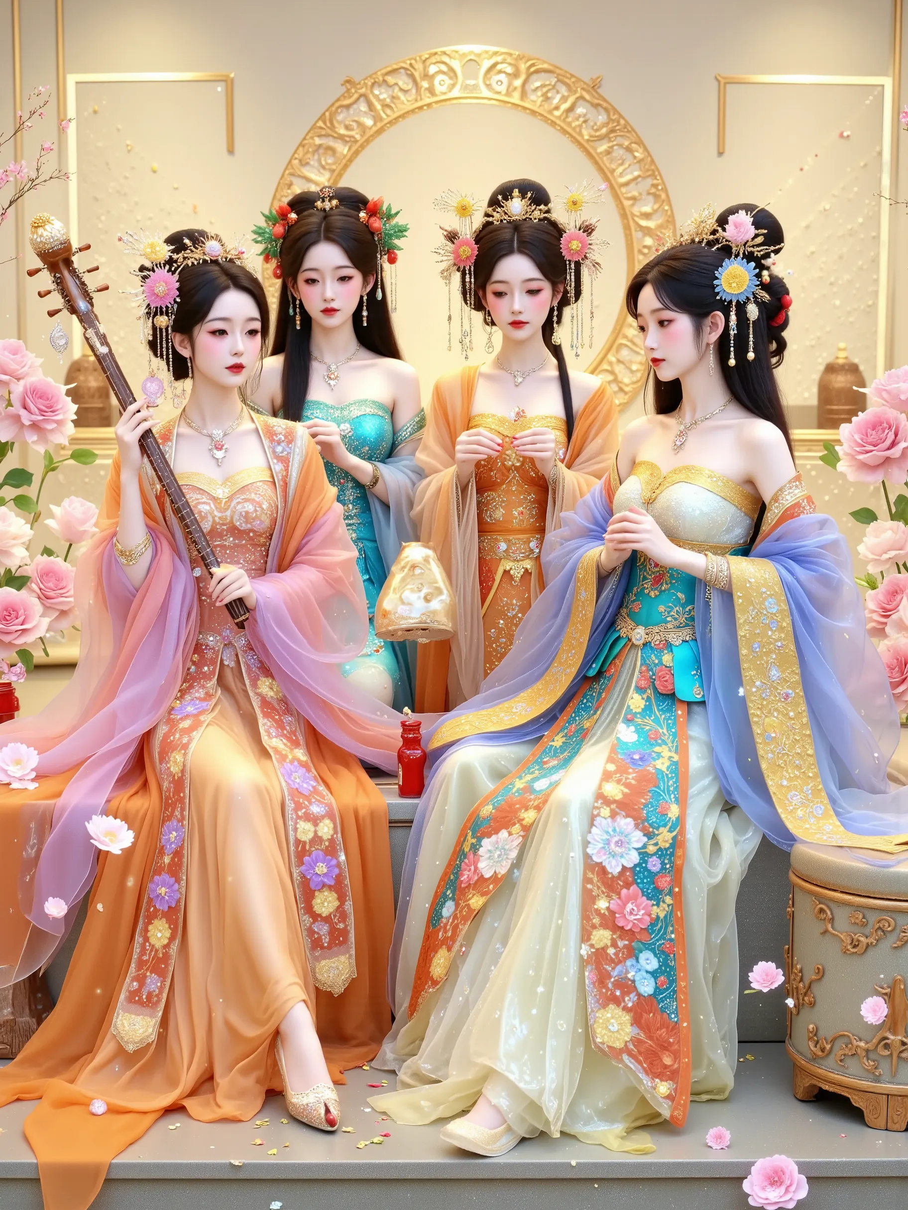 in this painting full of classical charm and modern interest，we saw four q-version girls of tang dynasty ladies，they are present...