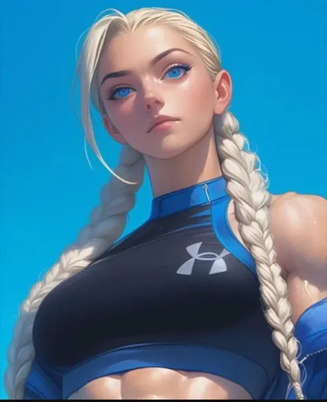  high definition, ultra quality , detailed,  perfect proportions , sporty girl,  Beautiful girl ,  blonde ,  stands in a calm position , great angle ,  girl in sportswear stands on a blue background,  full-length girl,  blonde ,  blond hair