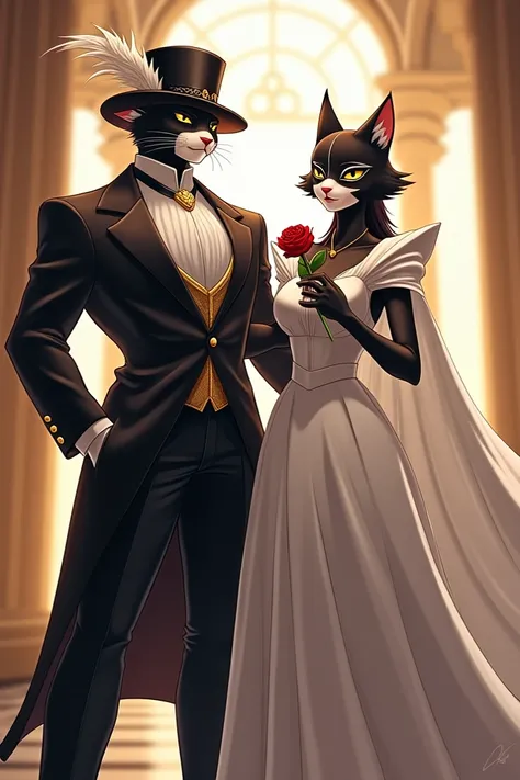 Pictured is a humanoid black cat, wearing a black suit with a white shirt and a black cocked hat with a white feather, the suit has a high white collar and a belt with a gold buckle, and a black female cat, wearing a white gynae, with a mask on her face. ,...