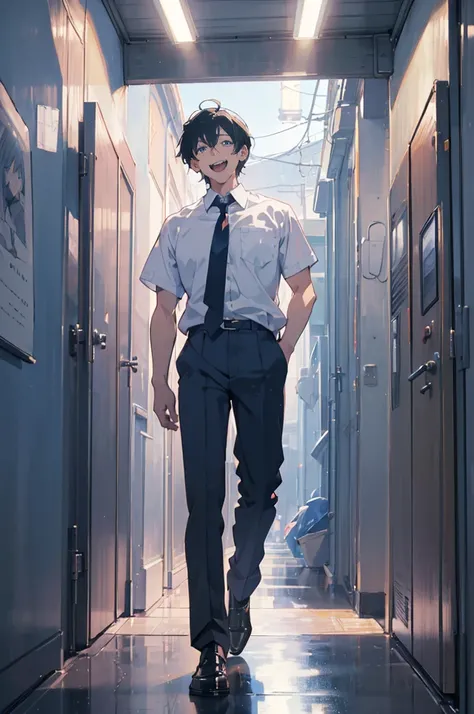 ((  best quality 、8k、  Masterpiece :1.3))、detailed expression、（（Realistic））((  best quality 、8k、  Masterpiece :1.3))、detailed expression、（（Realistic））A man wearing a tie is standing in the hallway, person portrait, Pixiv Topics,   tall anime man with blue ...