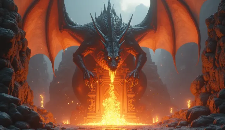 In 3D animation style: "A giant, fire-breathing dragon guarding the entrance to a mystical temple, with embers flying from its nostrils."