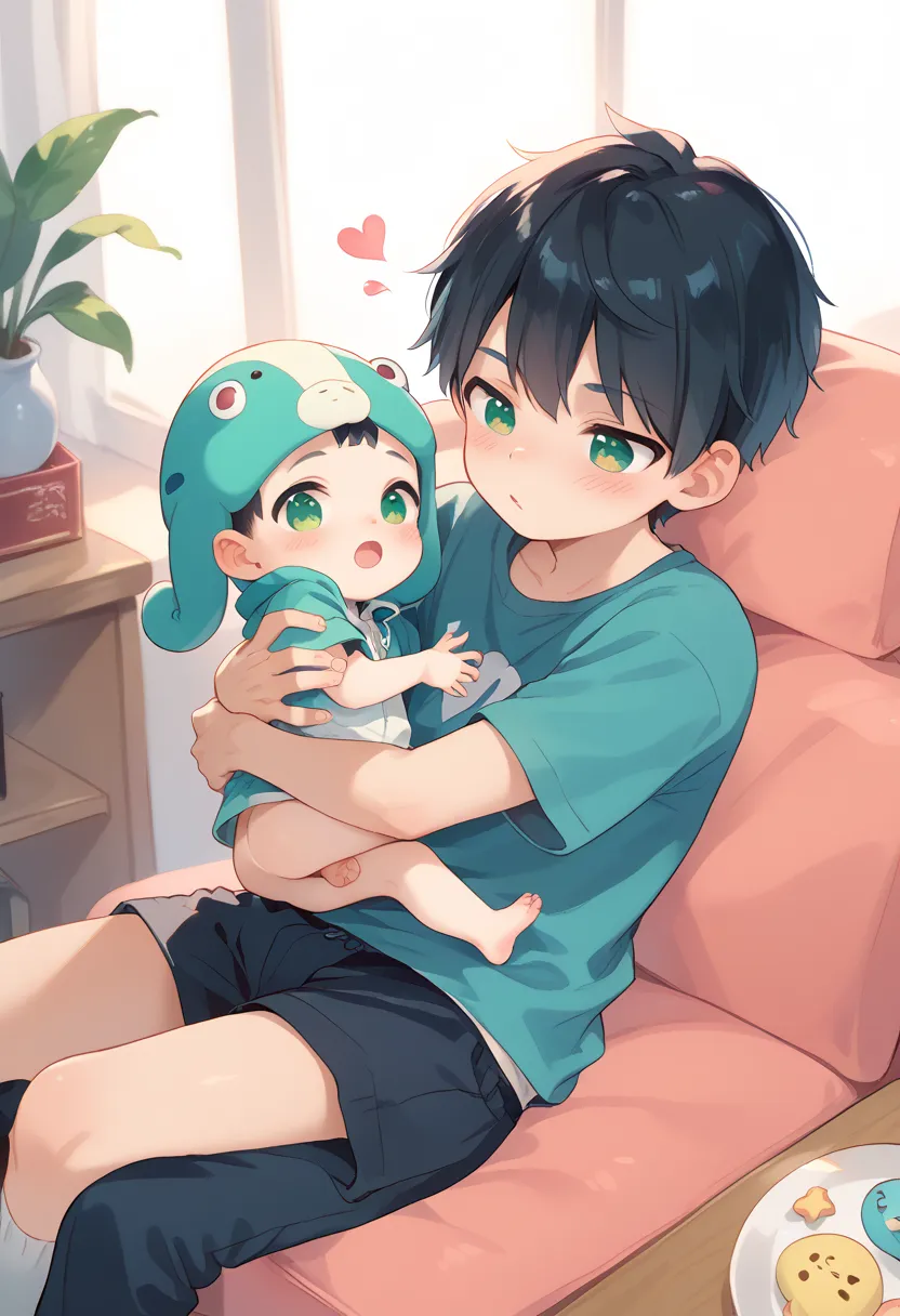 comic style, comic anime cute boy, black hair, green eyes, slightly blushing, is a primary school boy, baby clothes, dino suit p...