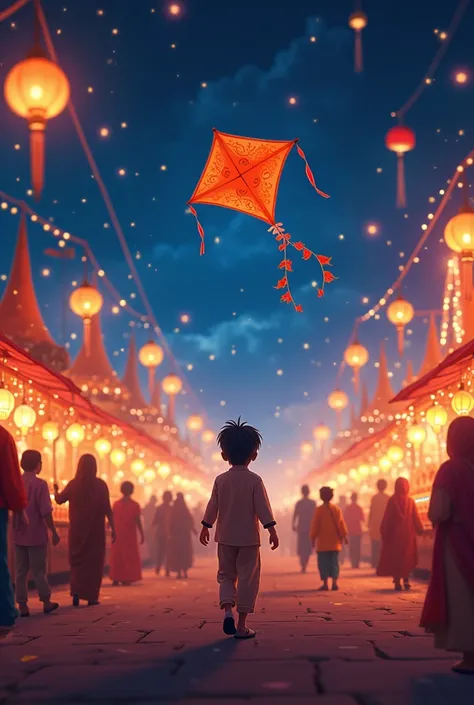 The fair at night, lit with glowing lights where Shuvo first saw the kite.