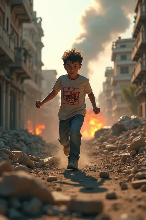  A poor Palestinian boy with Kirianow Romans t-shirt lettering,  running through the destroyed city ,  rockets are flying around , explosions everywhere  