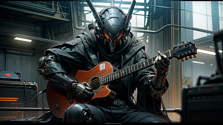  dark _  Its fantasy ,  cyberpunk  ,( Guitar playing ),1 person,Mechanical Wonders ,The presence of robots,  cybernetic guardians,