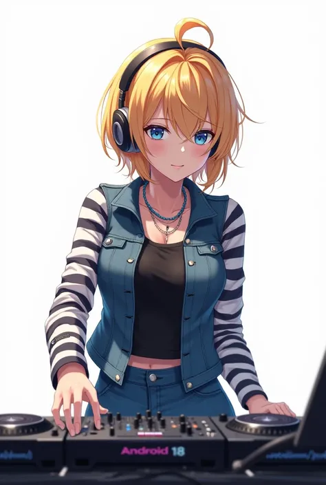  masterpiece :1.2,  lyrics,  better quality , bottomless, fondo blanco, and18, 1 girl, Android 18, Alone, blonde hair, Blue eyes,  short hair, earrings, jewelry, denim vest, [ open jacket, medias negras, black shirt, denim skirt, striped long sleeves, blue...