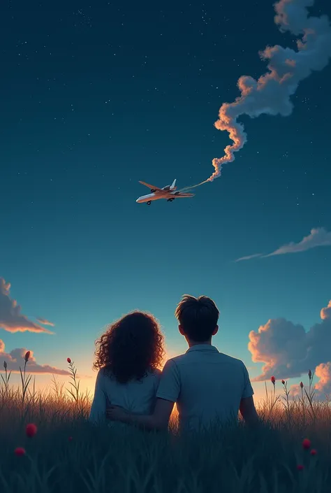 A curly-haired woman and a slightly bearded man are lying on the grass, watching the sky. Stars are shining in the sky and a plane is passing by. The plane leaves behind notes-shaped smoke.