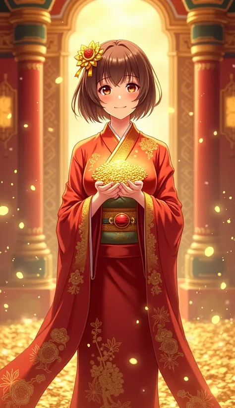 midview shot of A beautiful anime fortune girl with short brown hair, wearing an elegant red and gold kimono, stands in the center of a lavish palace, her hands filled with glittering gold coins. She smiles with confidence, embodying the embodiment of weal...