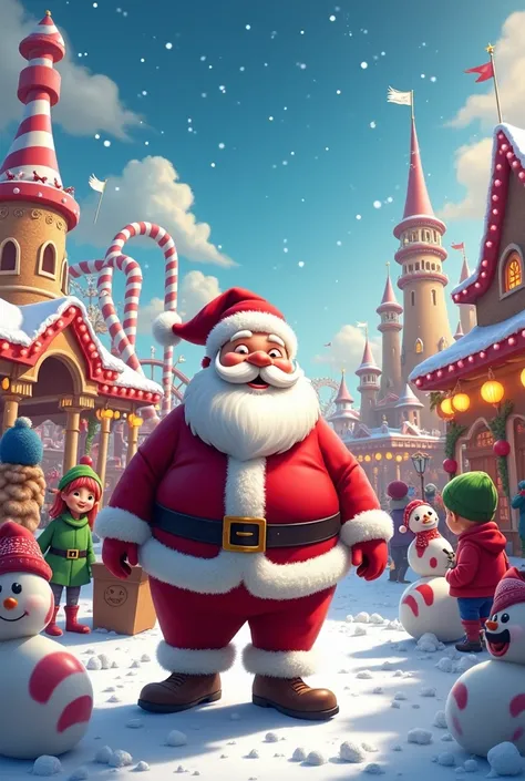 Santa claus Land in an amusement park with citizens