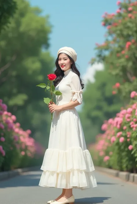 The picture shows a beautiful Korean and young Asian woman standing on the street with a red rose in her hand. She wore a bright white dress with a ruffled skirt and a headscarf on her head. A headscarf covered her head and she wore cream-colored flat shoe...