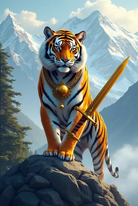 I want a tiger logo that has a golden sword and wears a ball. It has some fine details and its background is in the Himalayas