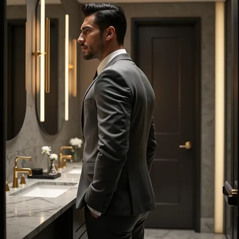  26-year-old Latino man , regular build , in a gray suit , wearing very translucent black pantyhose under pants and brown loafer shoes,  in profile in front of a mirror in an elegant bathroom .  hyper realistic image 