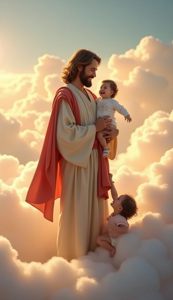 "Create a full-length image of Jesus, a man with medium to long, wavy, light brown hair and a thin beard, dressed in simple, flowing light beige robes paired with a soft red drape over one shoulder, standing amidst fluffy, glowing clouds. His expression is...