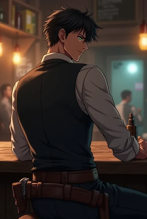  anime style、cowboy、male、 handsome、Pistol、 green eyes、Grin、Tavern、 back view,  Dark 、