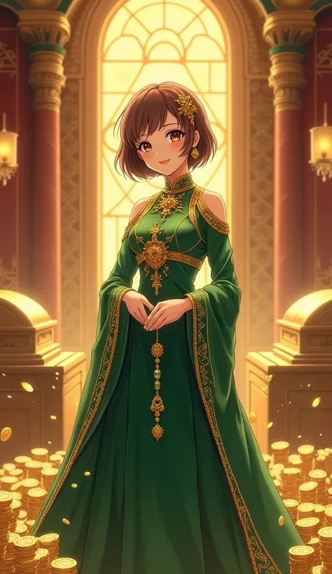 midview shot of A beautiful anime fortune girl with short brown hair, dressed in a regal emerald green and gold dress, stands in a lavish room filled with golden chandeliers, treasure chests, and piles of cash. She holds gold coins in her hands, symbolizin...