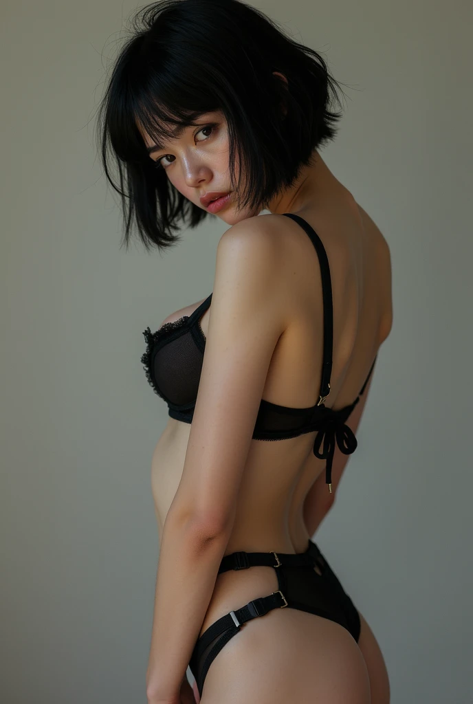 Early 20 year old girl ,  short black hair ,  black BDSM undergarments in submissive posture,  photorealistic 