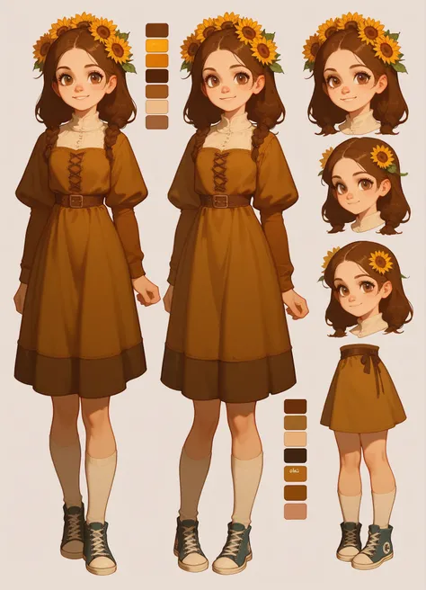 Young woman, with brown hair, Brown eyes, Medieval dress, freckles on the face, converse shoes, loves sunflowers, smiling, standing posture, Character Sheet, thigh high socks