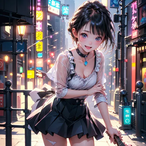 1girl, pretty face、Baby Face、((( dynamic best composition 、 best quality、 greatest masterpiece、 perfect anatomy 、 super detailed、 high definition)))、 neon light、 Vivid Neon Color Palette、Box Pleated Mini Skirt 、Diamond、 electric guitar in a beautiful citys...