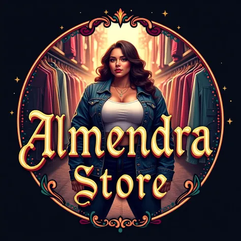  Create a circular logo written that says ALMENDRA STORE  , personalized letters  , creative font  , ornaments in letters  ,  background fashion accessories  ,  A sturdy woman with extra kilos  , overweight , chubby ,  with a beautiful face dressed fashion...