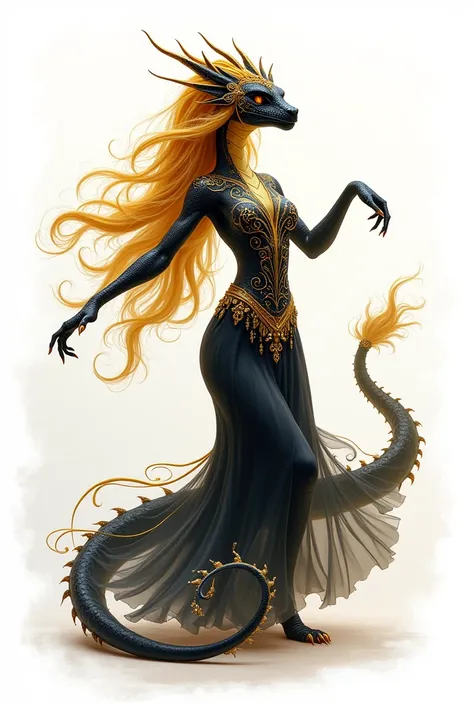 a cute black dragon is dancing with long gold hairs like woman hairs with Arabic dress and mask for dancing with whole body and white background 