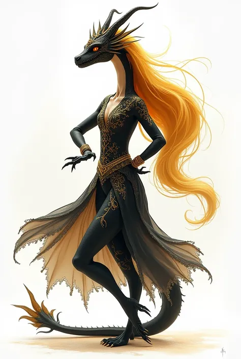 a cute black dragon is dancing with long gold hairs like woman hairs with Arabic dress and mask for dancing with whole body and white background 