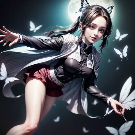 Tolerate, Kimetsu no Yaiba manga ,  1 girl,  smiling gently , Playing with Butterflies ,  dynamic angle shot,  super detailed, ((hyper realistic)), Sparkling, Moonlight,  RAW photos ,  full shot ,  wide shot,  sexy, Big Breasts,  energetic pose with protru...