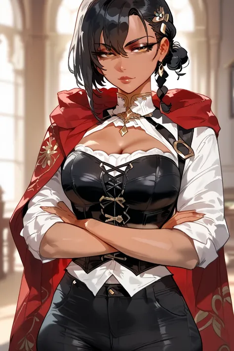 short black hair styled in a neat side braid, black narrowed eyes, deadpan expression, long dark red shawl, black pants, black corset, white undershirt, 1 girl, tanned skin, crossed arms, beautiful, sharp facial features, buff musculature, defined jawline,...