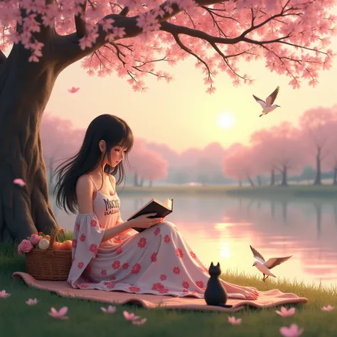 A 3d realistic woman, black hair color, holding a picnic basket, reading a book infron of the lake, with a floral long dress, sitting under the cherry blossom tree,, theres a sunset, with a cat and birds, had a name on her dress "Mochi" with a font